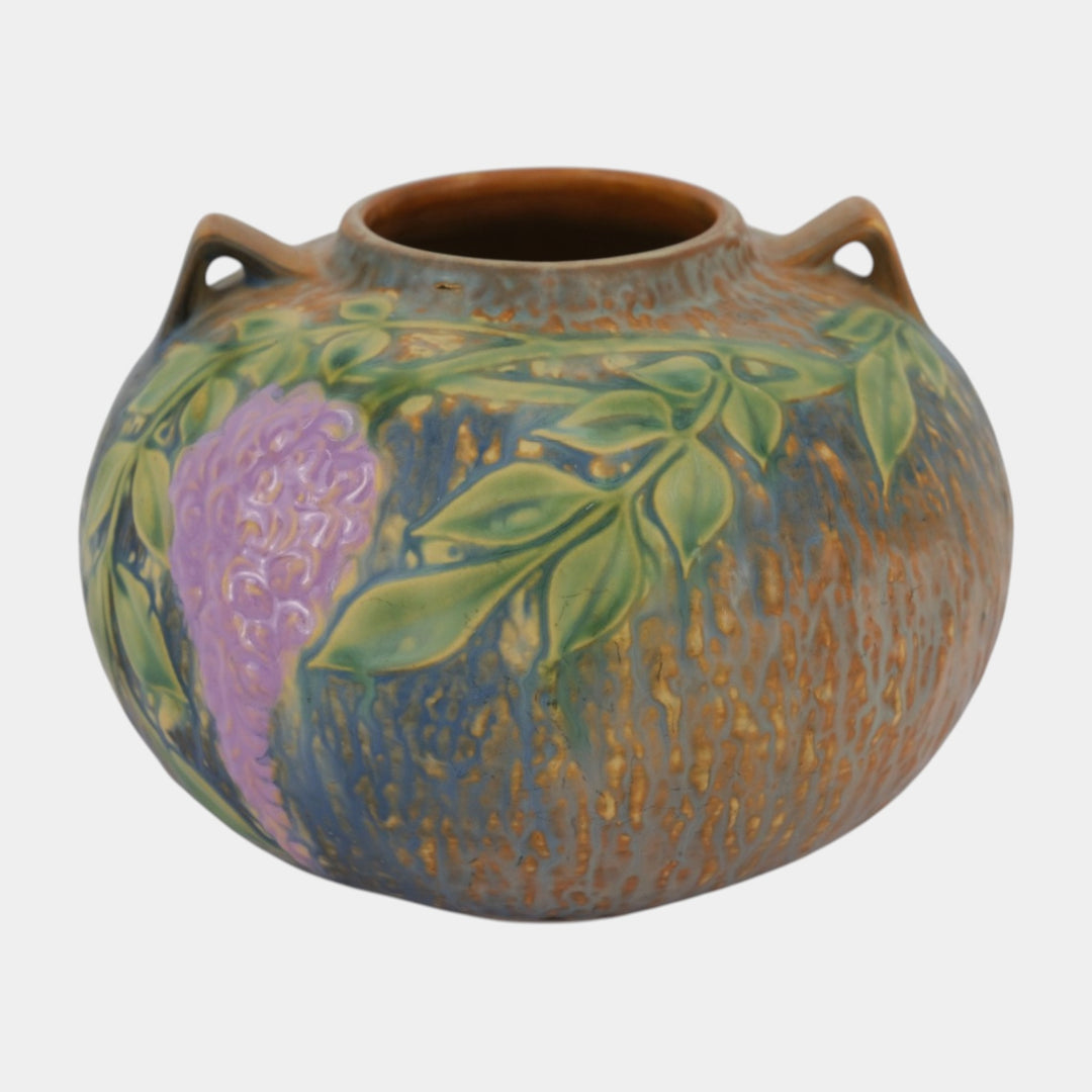 Roseville Wisteria Blue 1933 Vintage Arts And Crafts Pottery Handled Vase 637-6