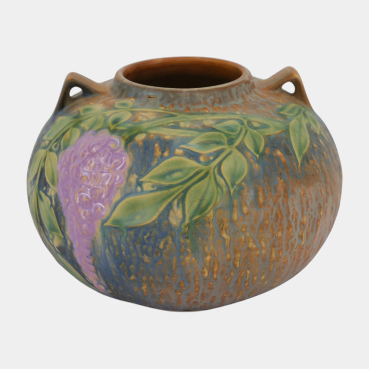 Roseville Wisteria Blue 1933 Vintage Arts And Crafts Pottery Handled Vase 637-6