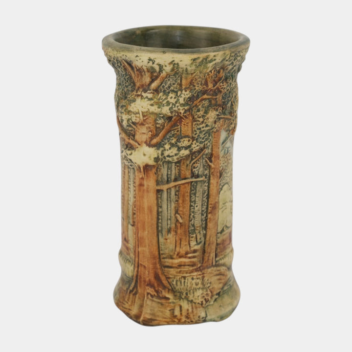 Weller Forest 1920s Vintage Pottery Brown Green Scenic Cylindrical Ceramic Vase