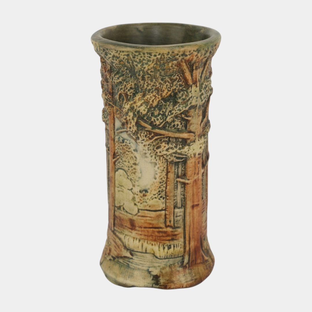 Weller Forest 1920s Vintage Pottery Brown Green Scenic Cylindrical Ceramic Vase