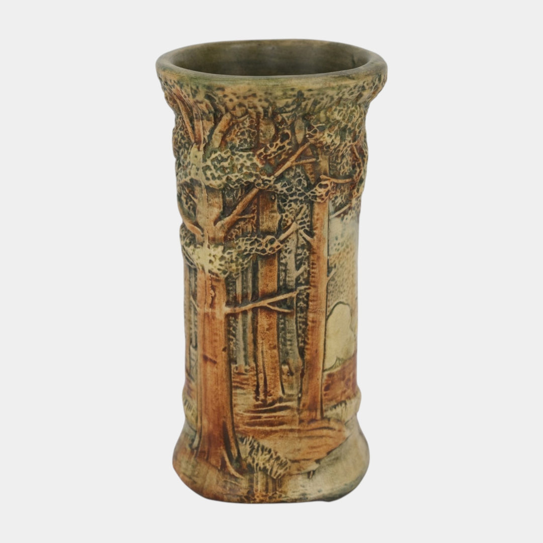 Weller Forest 1920s Vintage Pottery Brown Green Scenic Cylindrical Ceramic Vase