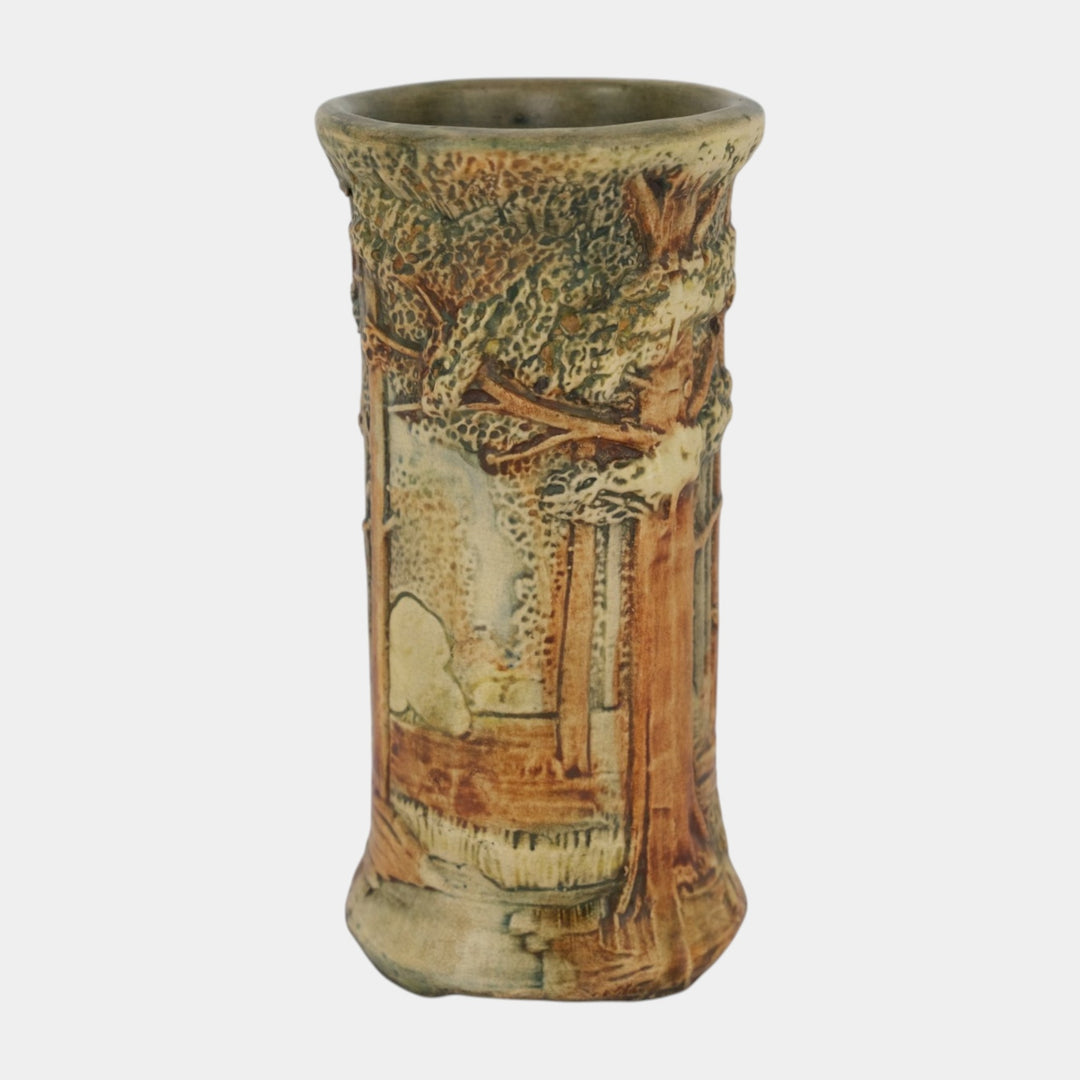 Weller Forest 1920s Vintage Pottery Brown Green Scenic Cylindrical Ceramic Vase