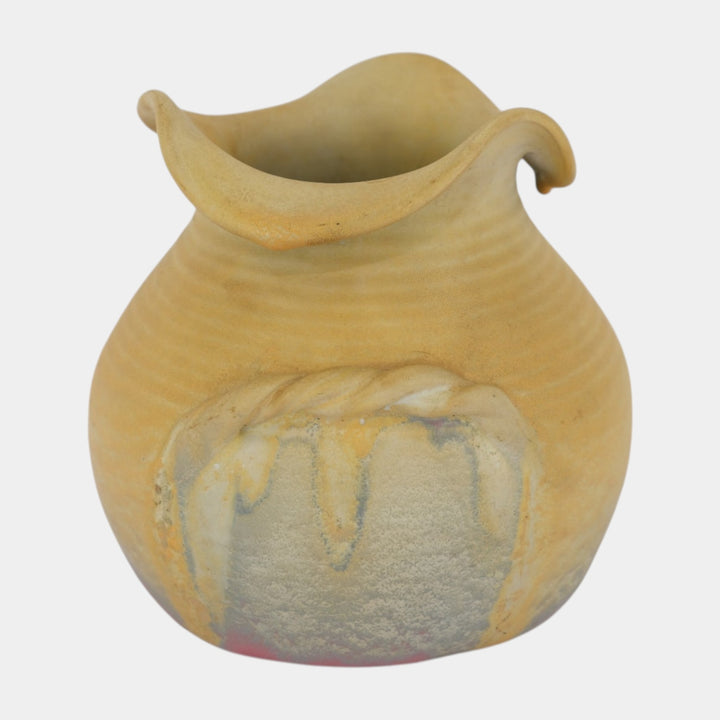 Weller Velvetone 1920s Hand Made Pottery Yellow Pink Scalloped Ruffled Rim Vase