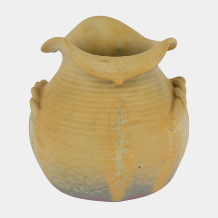 Weller Velvetone 1920s Hand Made Pottery Yellow Pink Scalloped Ruffled Rim Vase