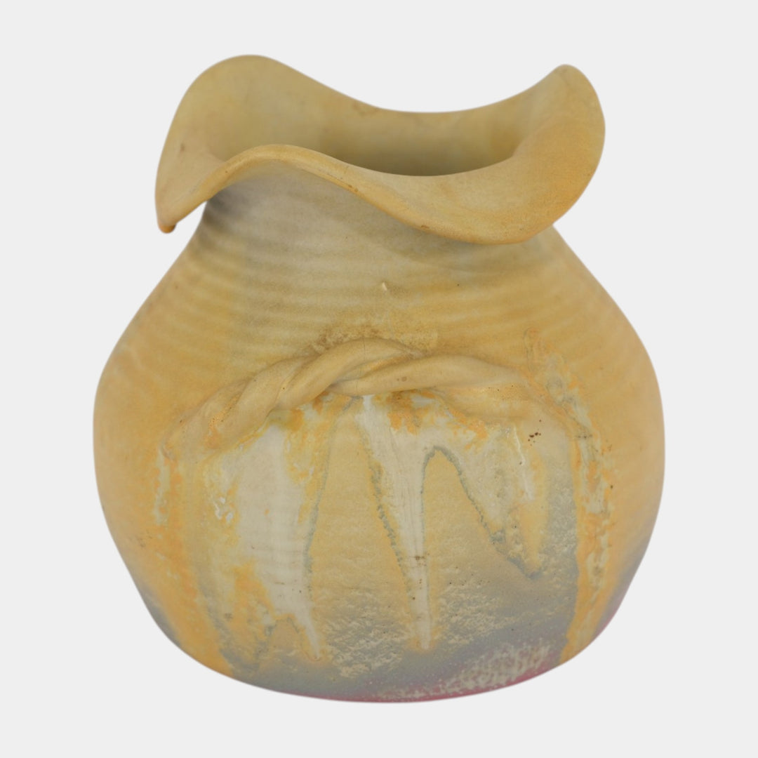 Weller Velvetone 1920s Hand Made Pottery Yellow Pink Scalloped Ruffled Rim Vase