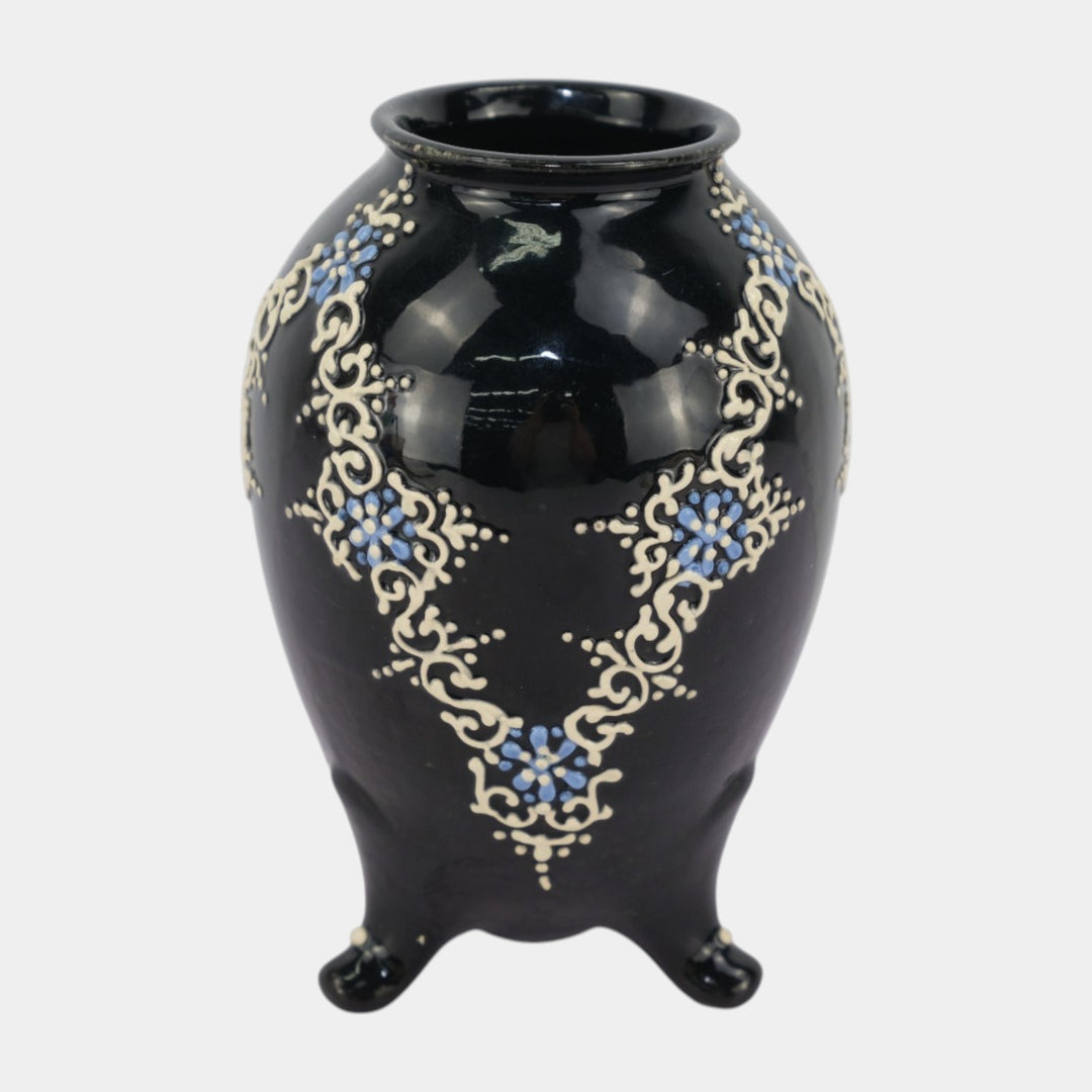 Weller Turada 1897 Art Pottery Black White Squeeze Bag Decorated Footed Vase
