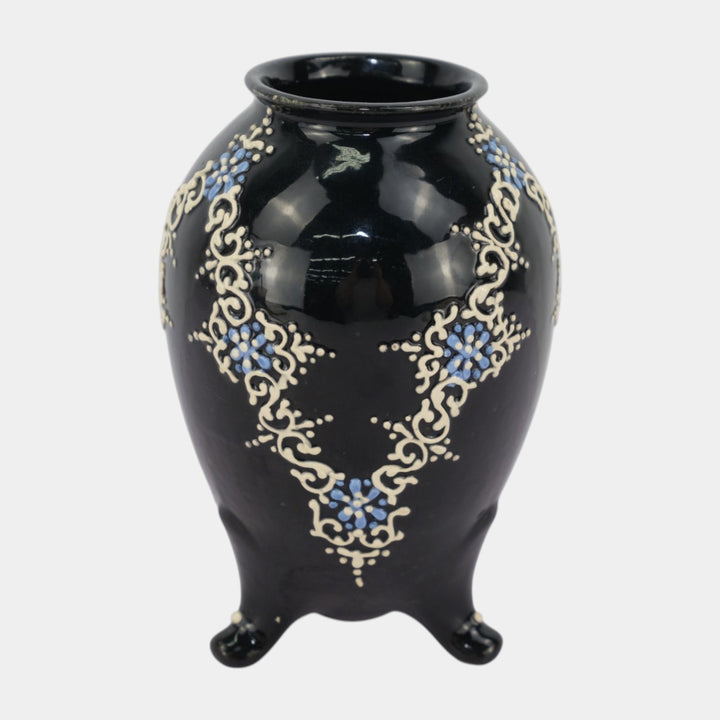 Weller Turada 1897 Art Pottery Black White Squeeze Bag Decorated Footed Vase