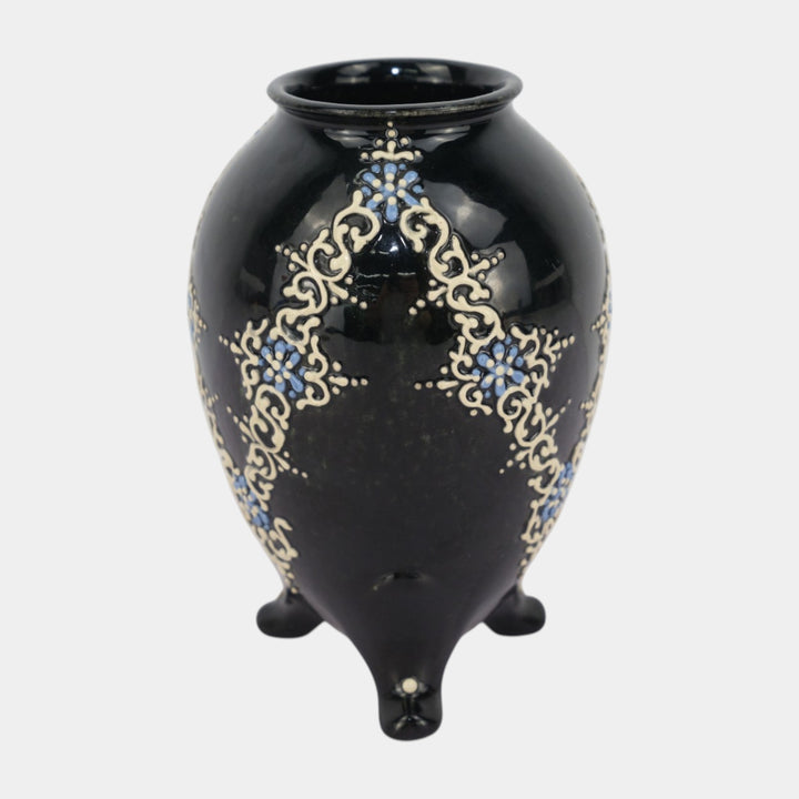 Weller Turada 1897 Art Pottery Black White Squeeze Bag Decorated Footed Vase