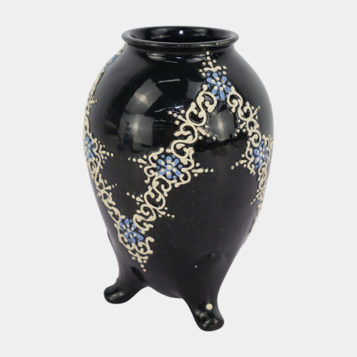 Weller Turada 1897 Art Pottery Black White Squeeze Bag Decorated Footed Vase