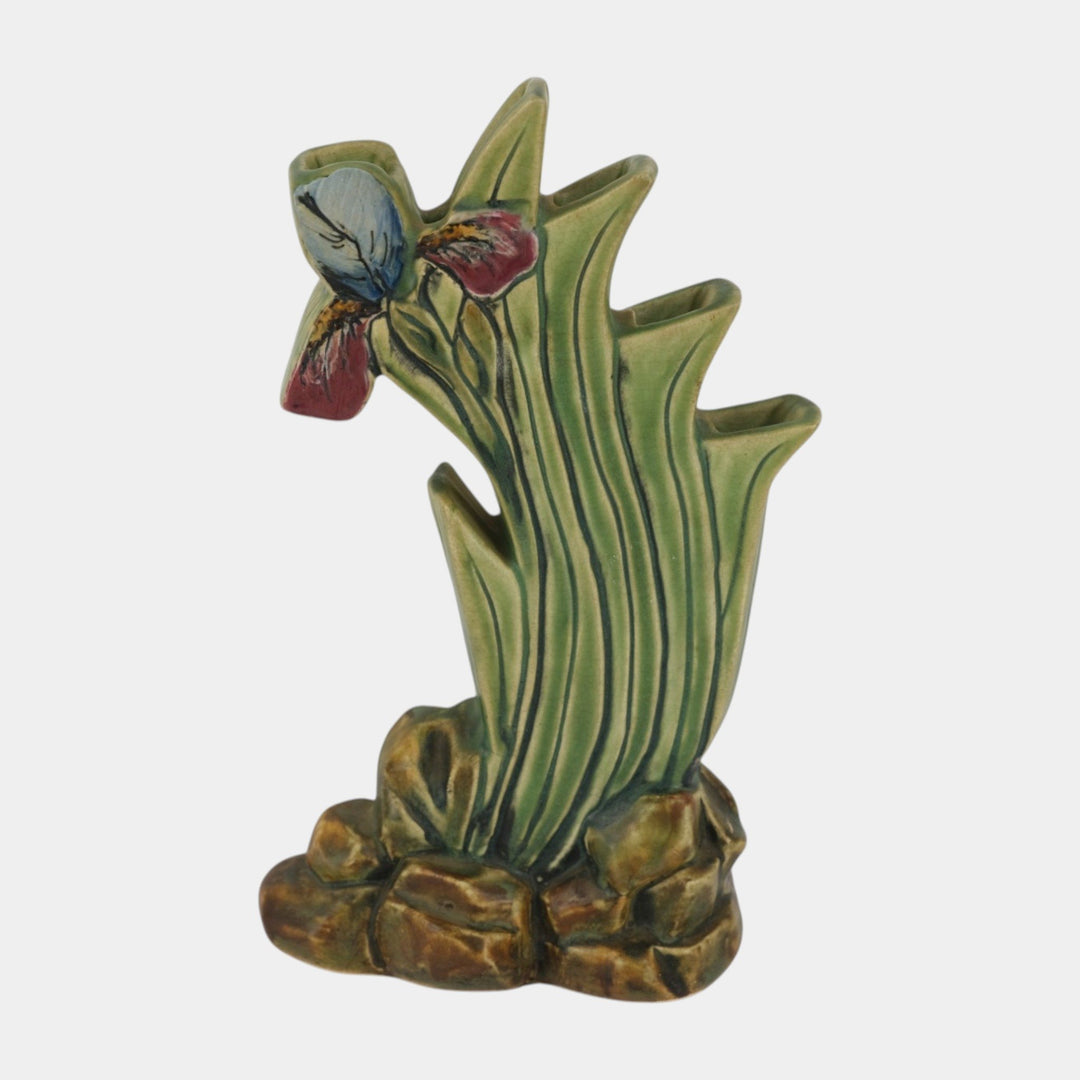 Weller Ardsley 1920s Art Deco Pottery Blue Iris Green Ceramic Partitioned Vase