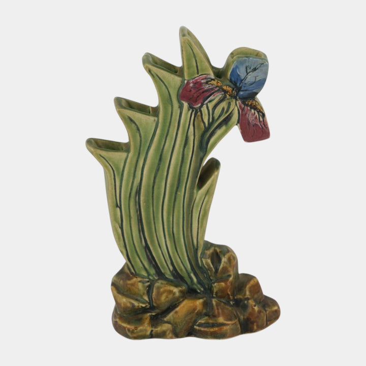 Weller Ardsley 1920s Art Deco Pottery Blue Iris Green Ceramic Partitioned Vase