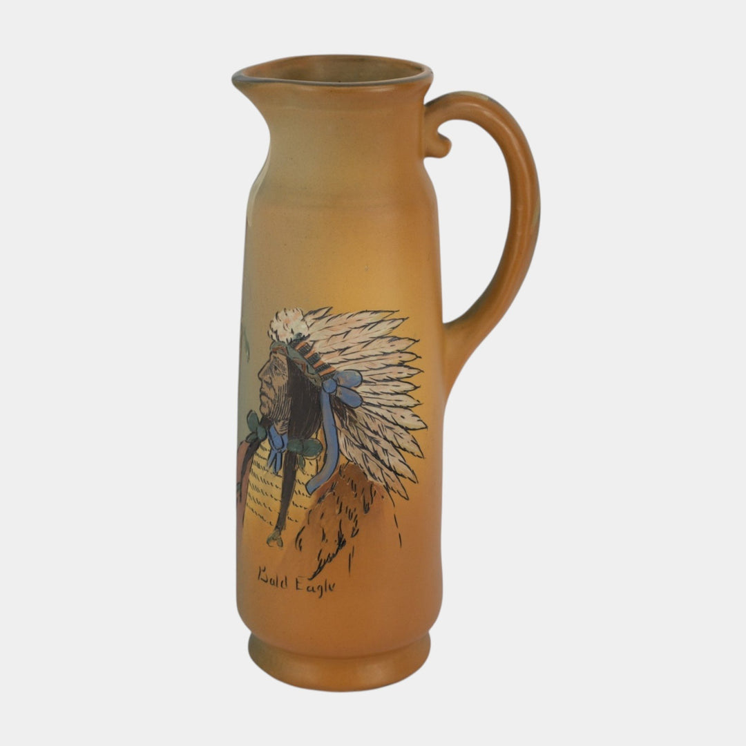 Weller Dickens Ware 1900s Vintage Art Pottery Bald Eagle Native American Ewer