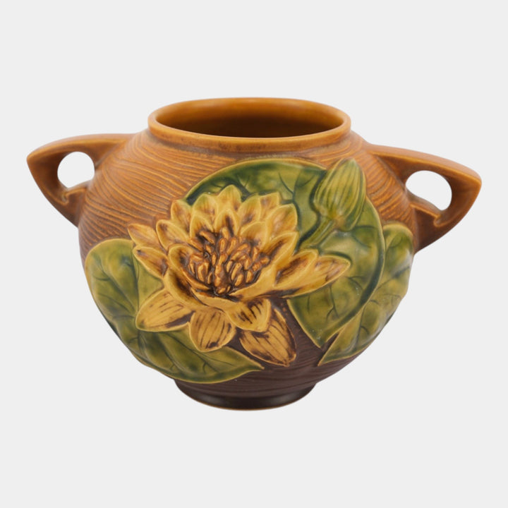 Roseville Water Lily Brown 1943 Vintage Art Pottery Ceramic Bowl Vase 437-6
