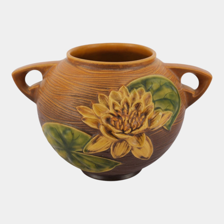 Roseville Water Lily Brown 1943 Vintage Art Pottery Ceramic Bowl Vase 437-6