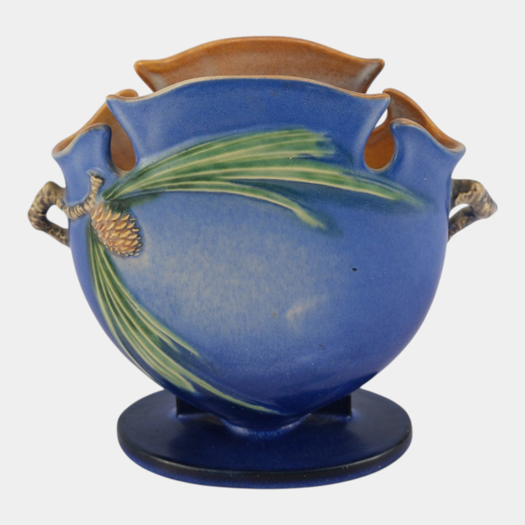 Roseville Pine Cone Blue 1936 Vintage Art Pottery Ceramic Pillow Vase 845-8