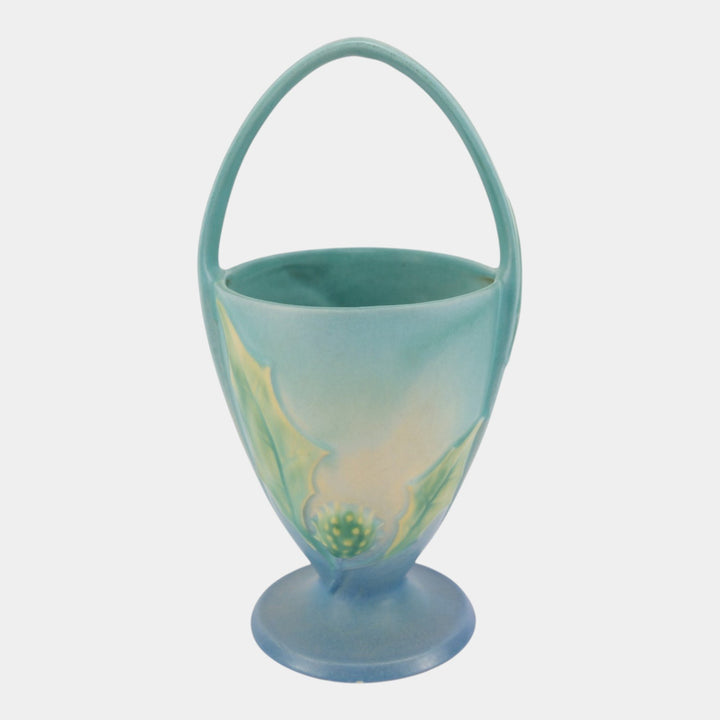 Roseville Thornapple Blue 1937 Vintage Art Deco Pottery Ceramic Basket 342-10