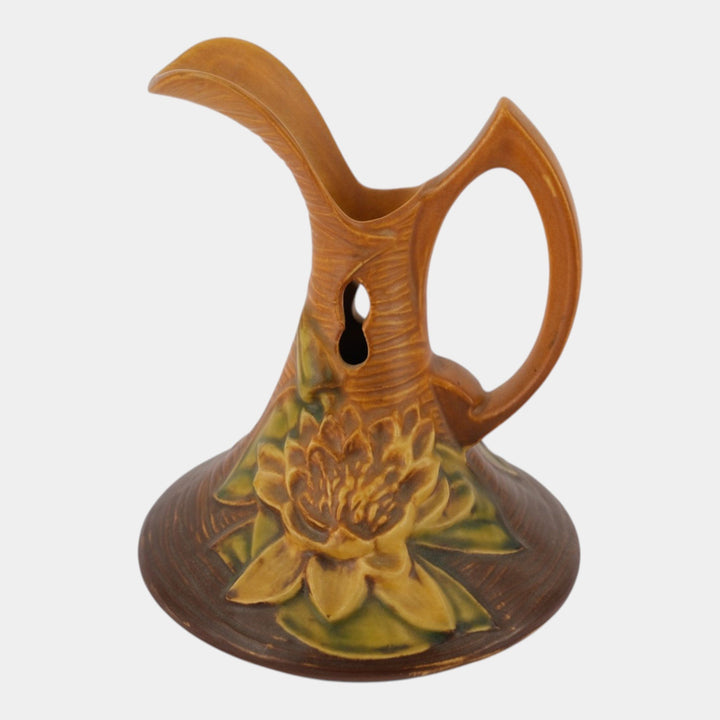 Roseville Water Lily Brown 1943 Vintage Art Deco Pottery Ceramic Ewer 10-6