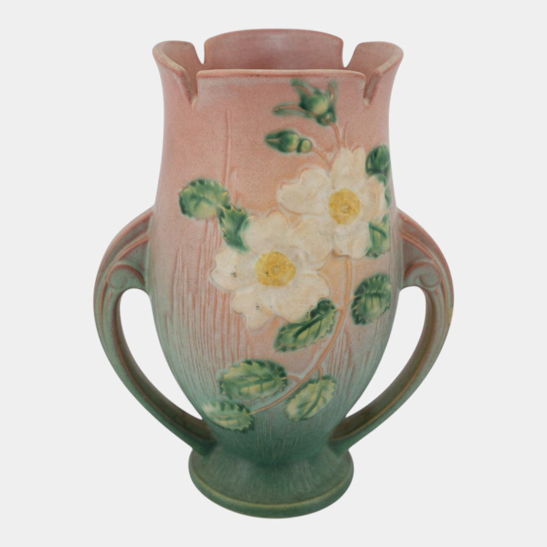 Roseville White Rose Pink 1940 Vintage Art Deco Pottery Ceramic Vase 986-9