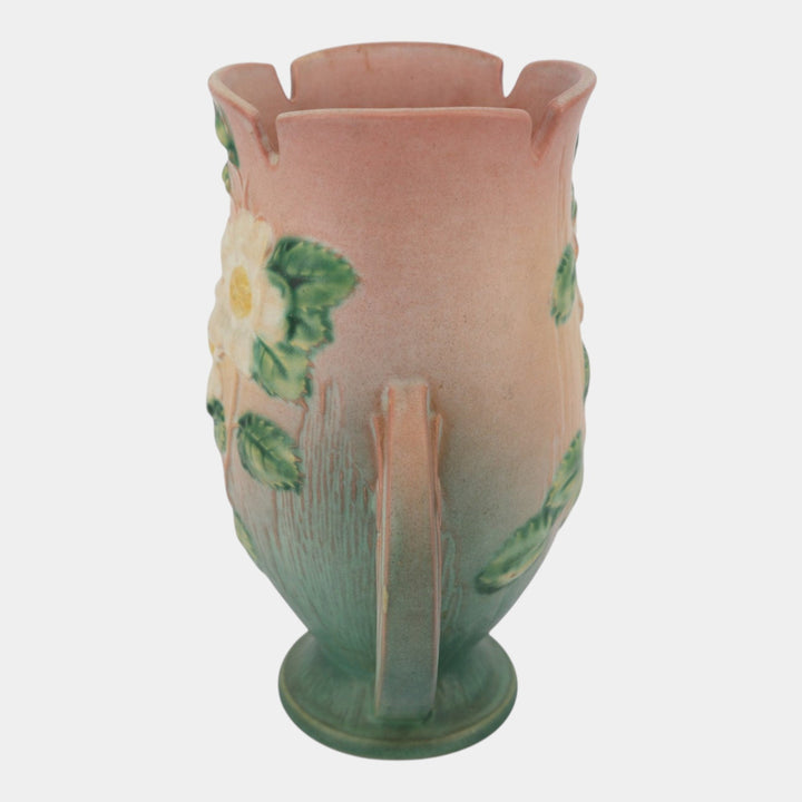 Roseville White Rose Pink 1940 Vintage Art Deco Pottery Ceramic Vase 986-9