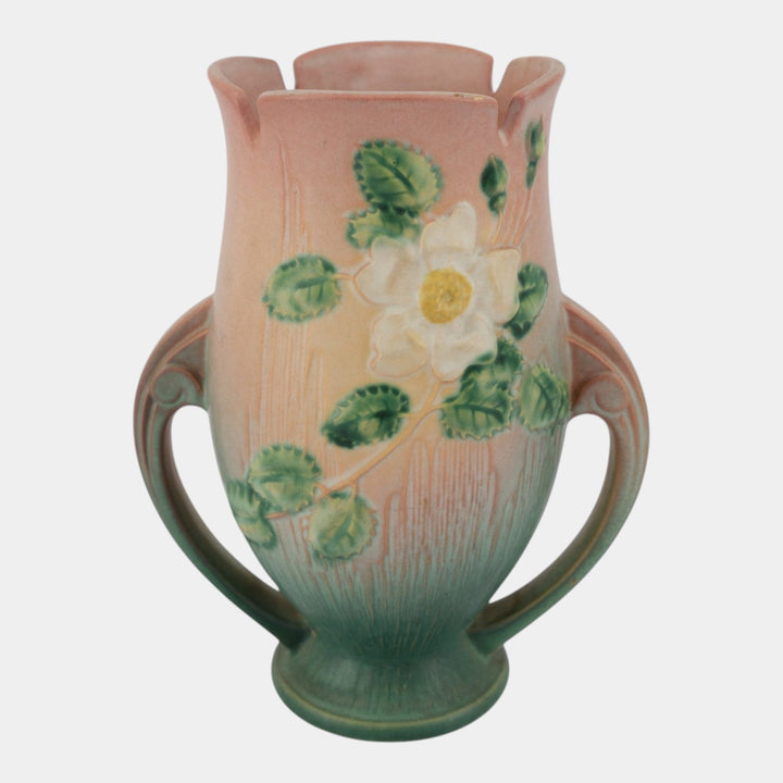 Roseville White Rose Pink 1940 Vintage Art Deco Pottery Ceramic Vase 986-9
