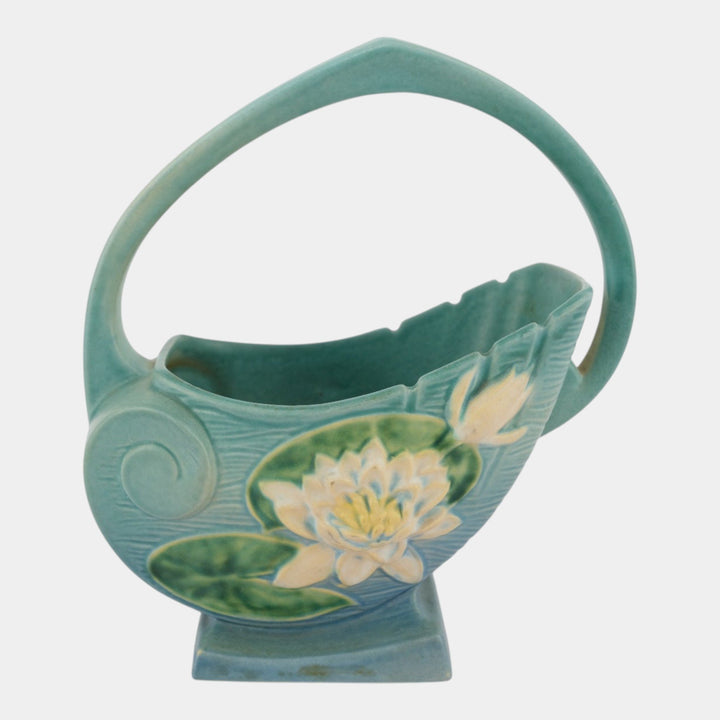 Roseville Water Lily Blue 1943 Vintage Art Pottery Ceramic Basket 381-10