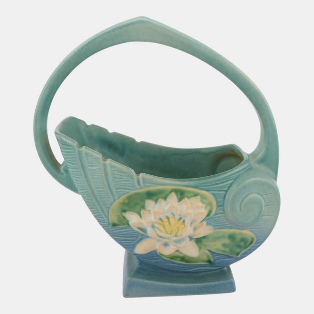 Roseville Water Lily Blue 1943 Vintage Art Pottery Ceramic Basket 381-10
