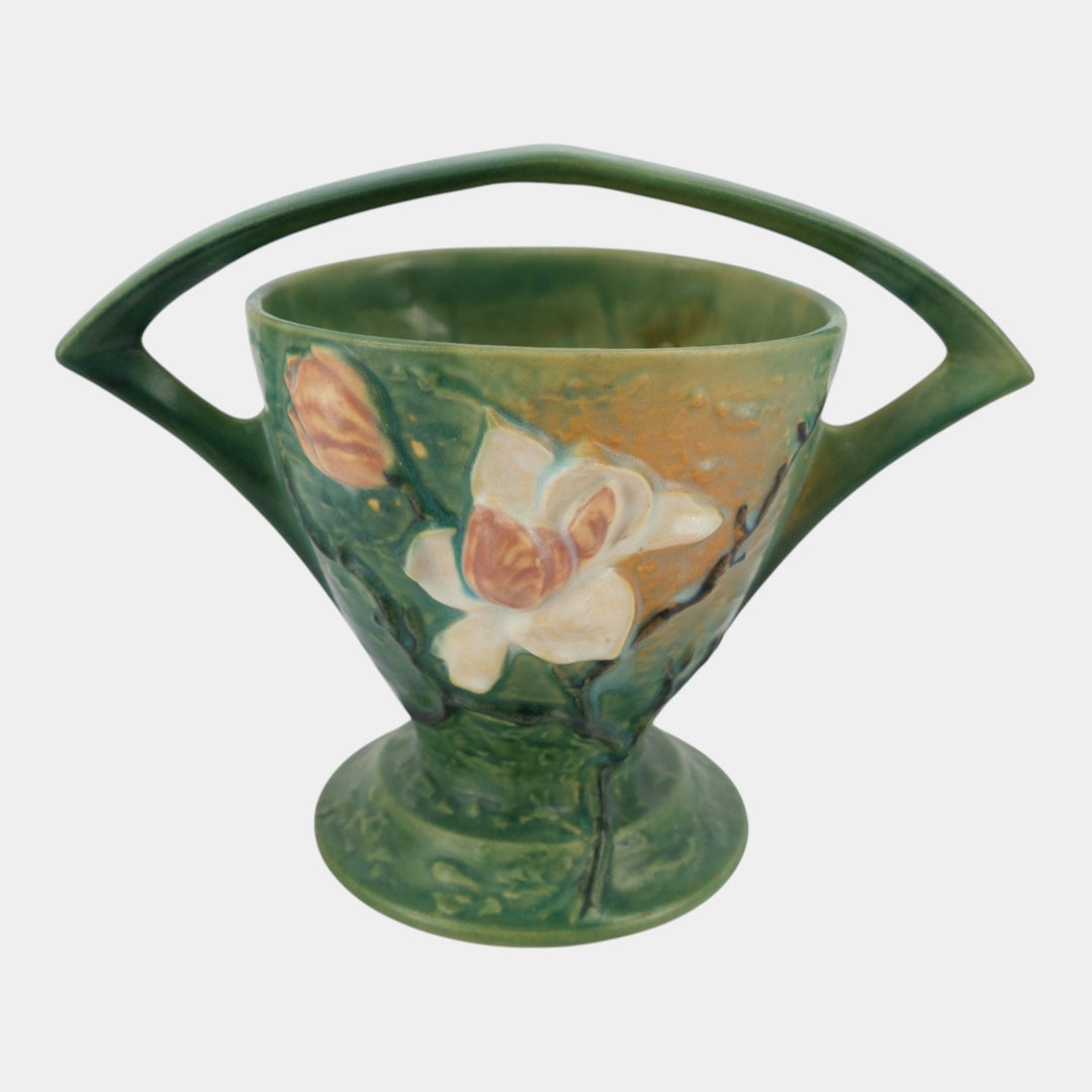 Roseville Magnolia Green 1941 Mid Century Modern Pottery Ceramic Basket 384-8