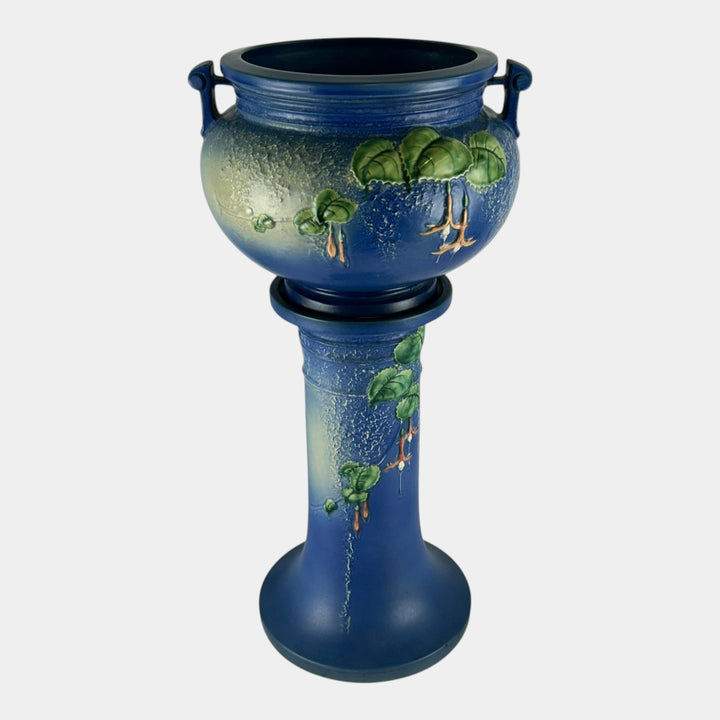 Roseville Fuchsia Blue 1938 Vintage Art Pottery Jardiniere And Pedestal 645-8