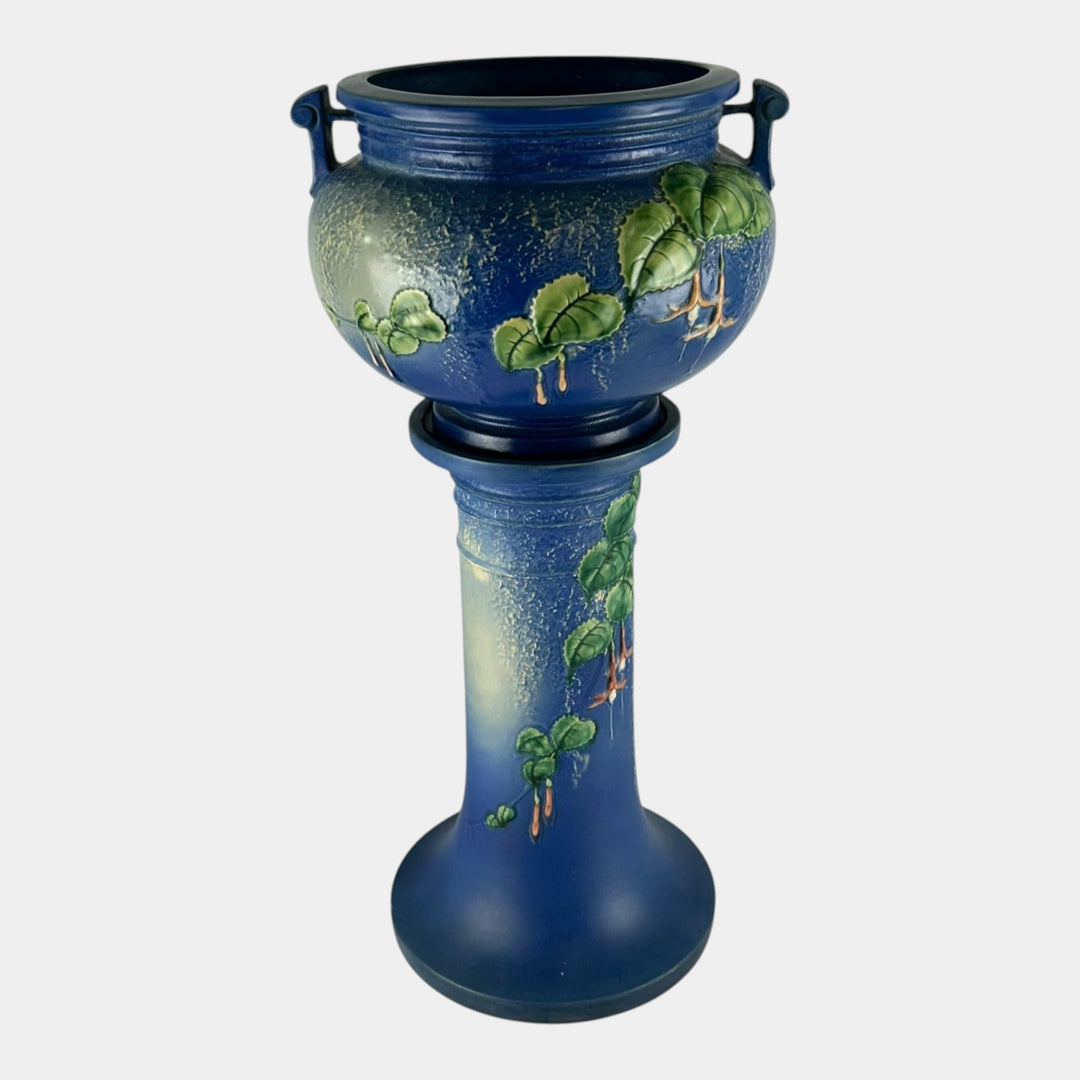 Roseville Fuchsia Blue 1938 Vintage Art Pottery Jardiniere And Pedestal 645-8