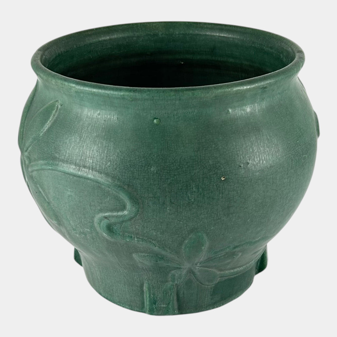 Zanesville Stoneware Arts & Crafts Pottery Matte Green Floral Jardiniere Planter