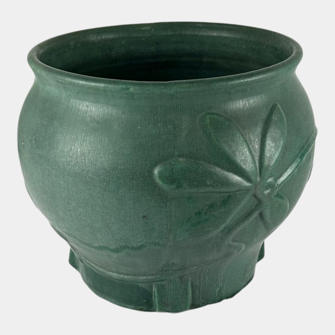 Zanesville Stoneware Arts & Crafts Pottery Matte Green Floral Jardiniere Planter
