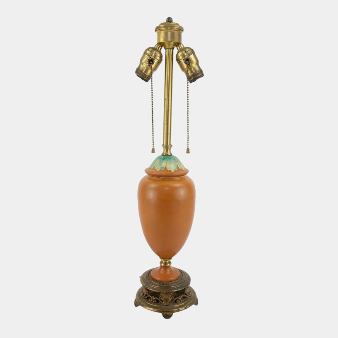 Roseville 1930s Vintage Art Pottery Leaf Accented Burnt Orange Factory Lamp