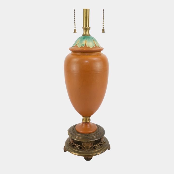 Roseville 1930s Vintage Art Pottery Leaf Accented Burnt Orange Factory Lamp