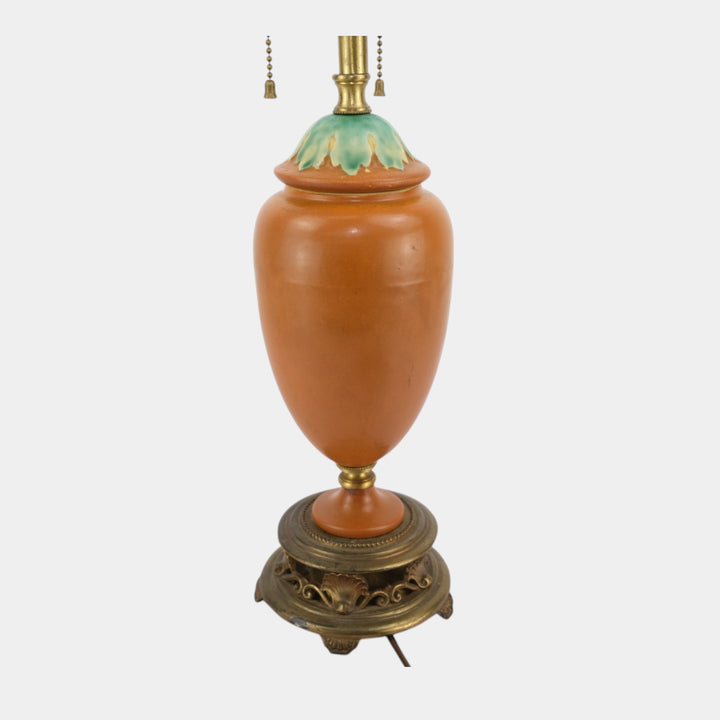 Roseville 1930s Vintage Art Pottery Leaf Accented Burnt Orange Factory Lamp