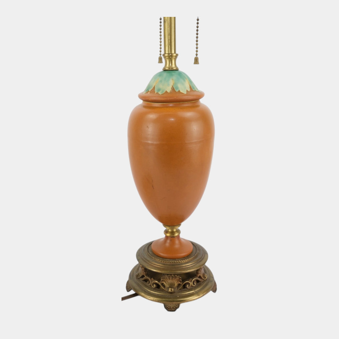 Roseville 1930s Vintage Art Pottery Leaf Accented Burnt Orange Factory Lamp