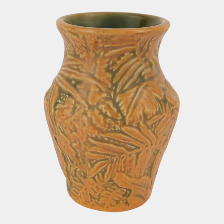 Weller Marvo 1920s Vintage Art Pottery Palm Frond Green Brown Ceramic Vase