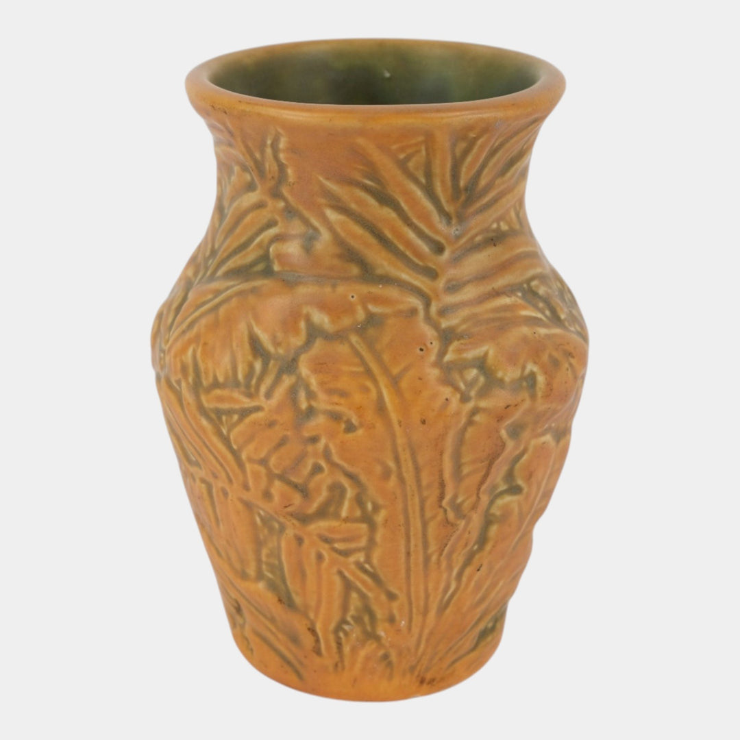 Weller Marvo 1920s Vintage Art Pottery Palm Frond Green Brown Ceramic Vase