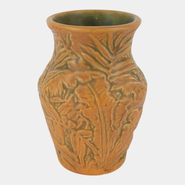 Weller Marvo 1920s Vintage Art Pottery Palm Frond Green Brown Ceramic Vase