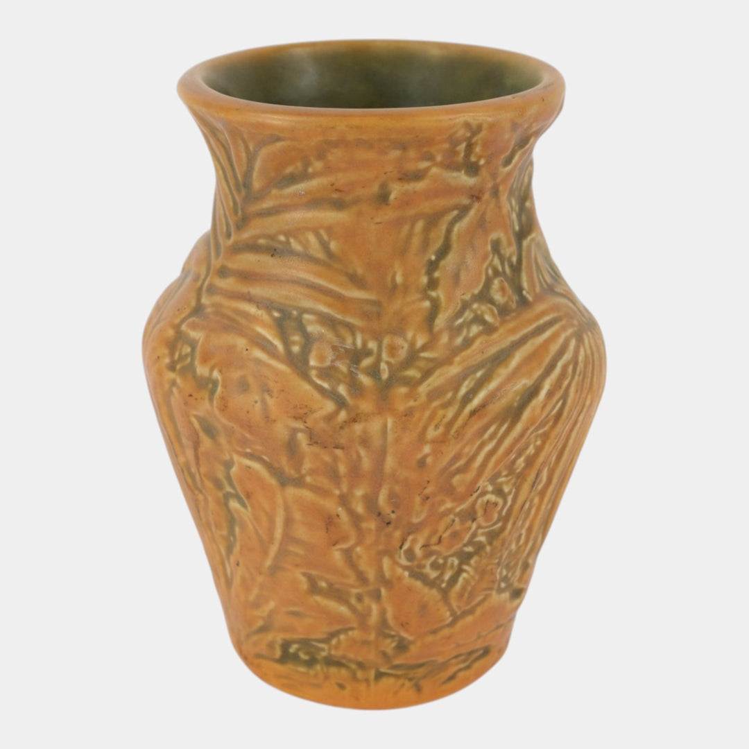 Weller Marvo 1920s Vintage Art Pottery Palm Frond Green Brown Ceramic Vase