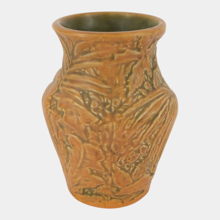 Weller Marvo 1920s Vintage Art Pottery Palm Frond Green Brown Ceramic Vase