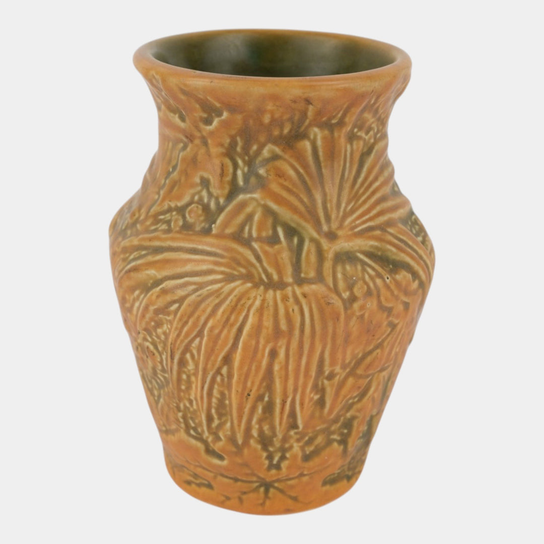 Weller Marvo 1920s Vintage Art Pottery Palm Frond Green Brown Ceramic Vase