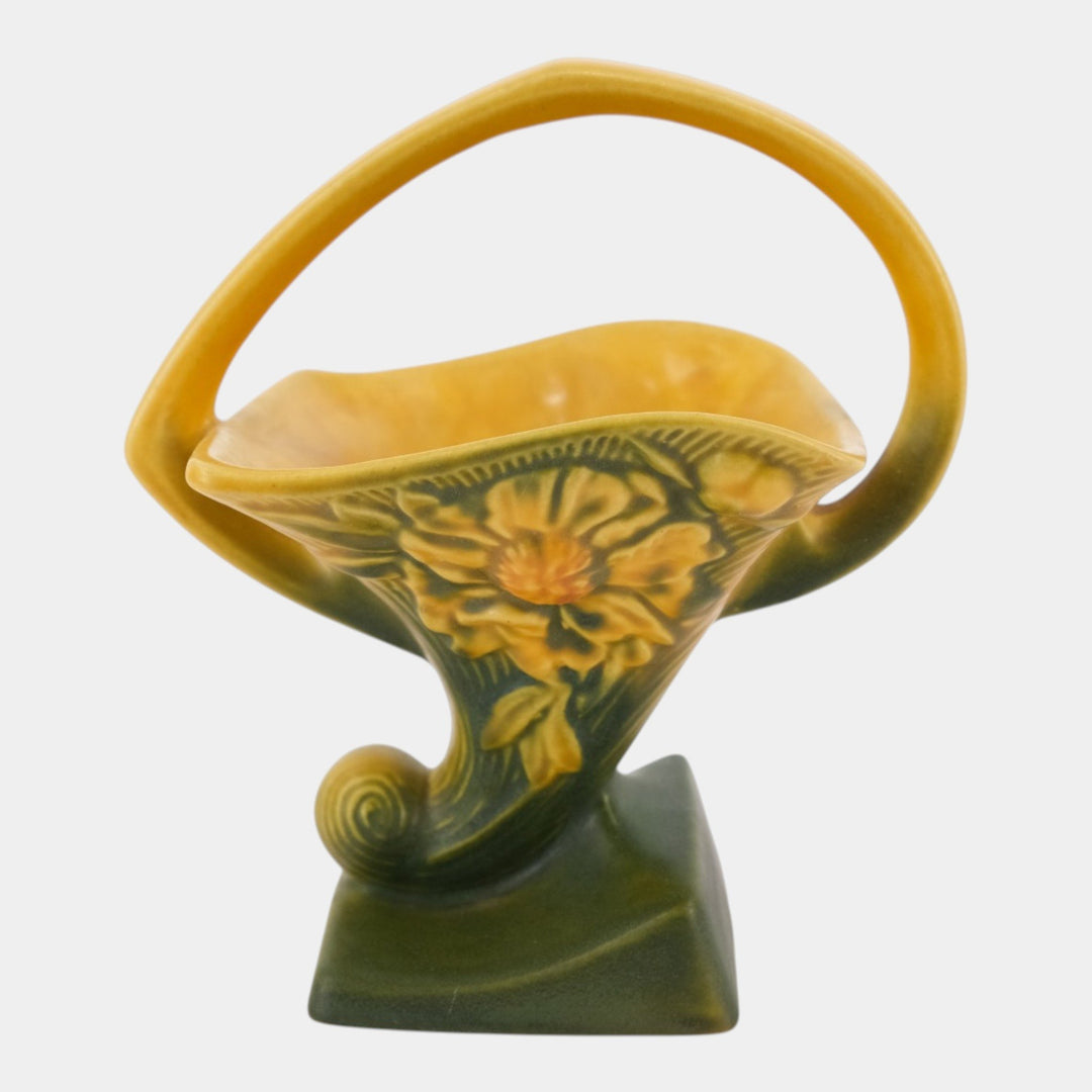 Roseville Peony Yellow 1942 Vintage Art Deco Pottery Ceramic Basket 377-8