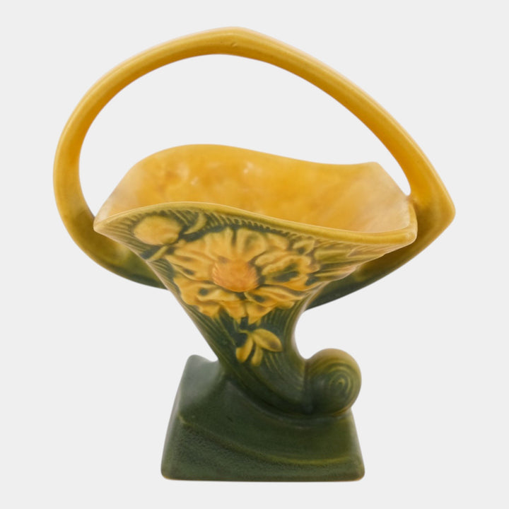 Roseville Peony Yellow 1942 Vintage Art Deco Pottery Ceramic Basket 377-8