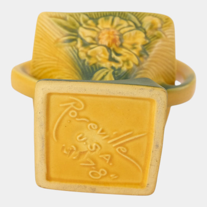 Roseville Peony Yellow 1942 Vintage Art Deco Pottery Ceramic Basket 377-8