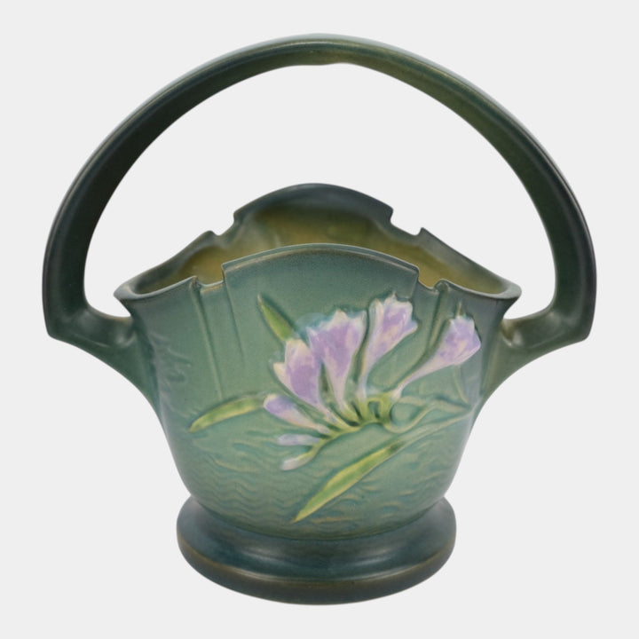 Roseville Freesia Green 1945 Vintage Art Pottery Ceramic Basket 391-8