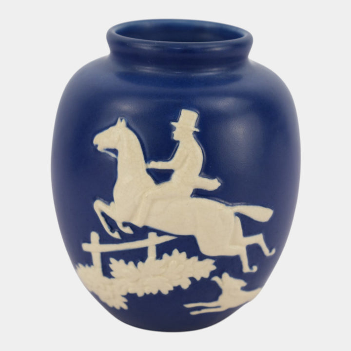 Weller Chase 1920s Vintage Pottery Equestrian Fox Hunt Blue Art Deco Scenic Vase