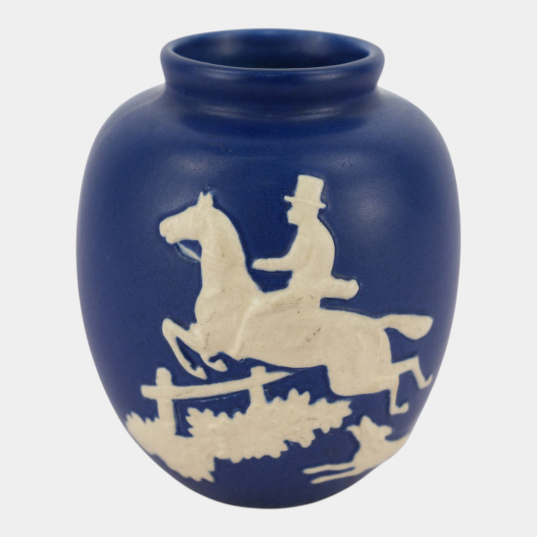 Weller Chase 1920s Vintage Pottery Equestrian Fox Hunt Blue Art Deco Scenic Vase