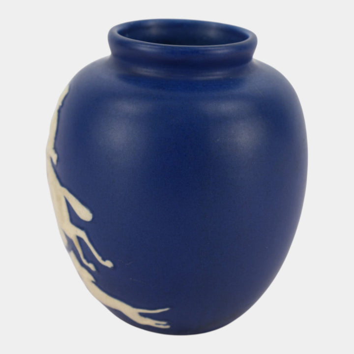 Weller Chase 1920s Vintage Pottery Equestrian Fox Hunt Blue Art Deco Scenic Vase