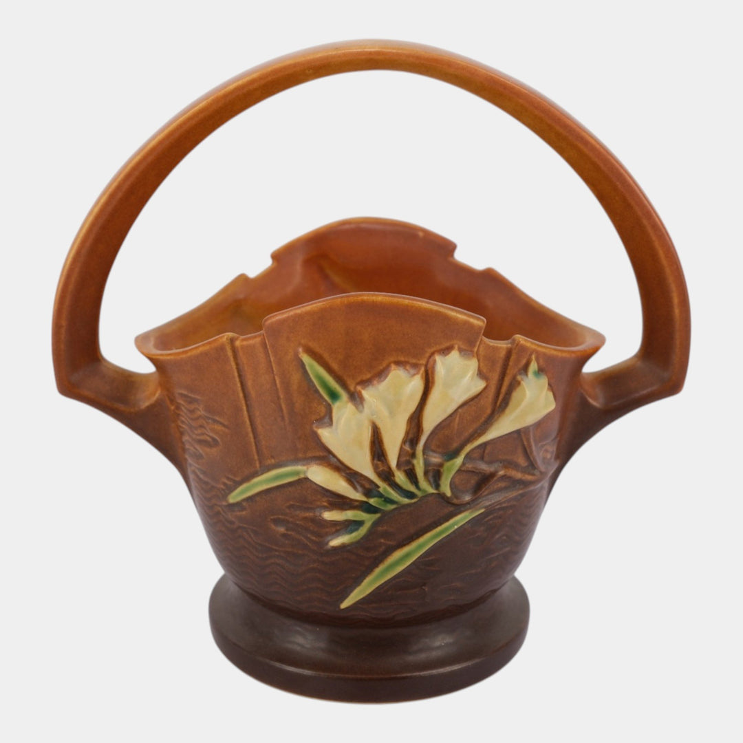 Roseville Freesia Brown 1945 Vintage Art Pottery Ceramic Basket 391-8