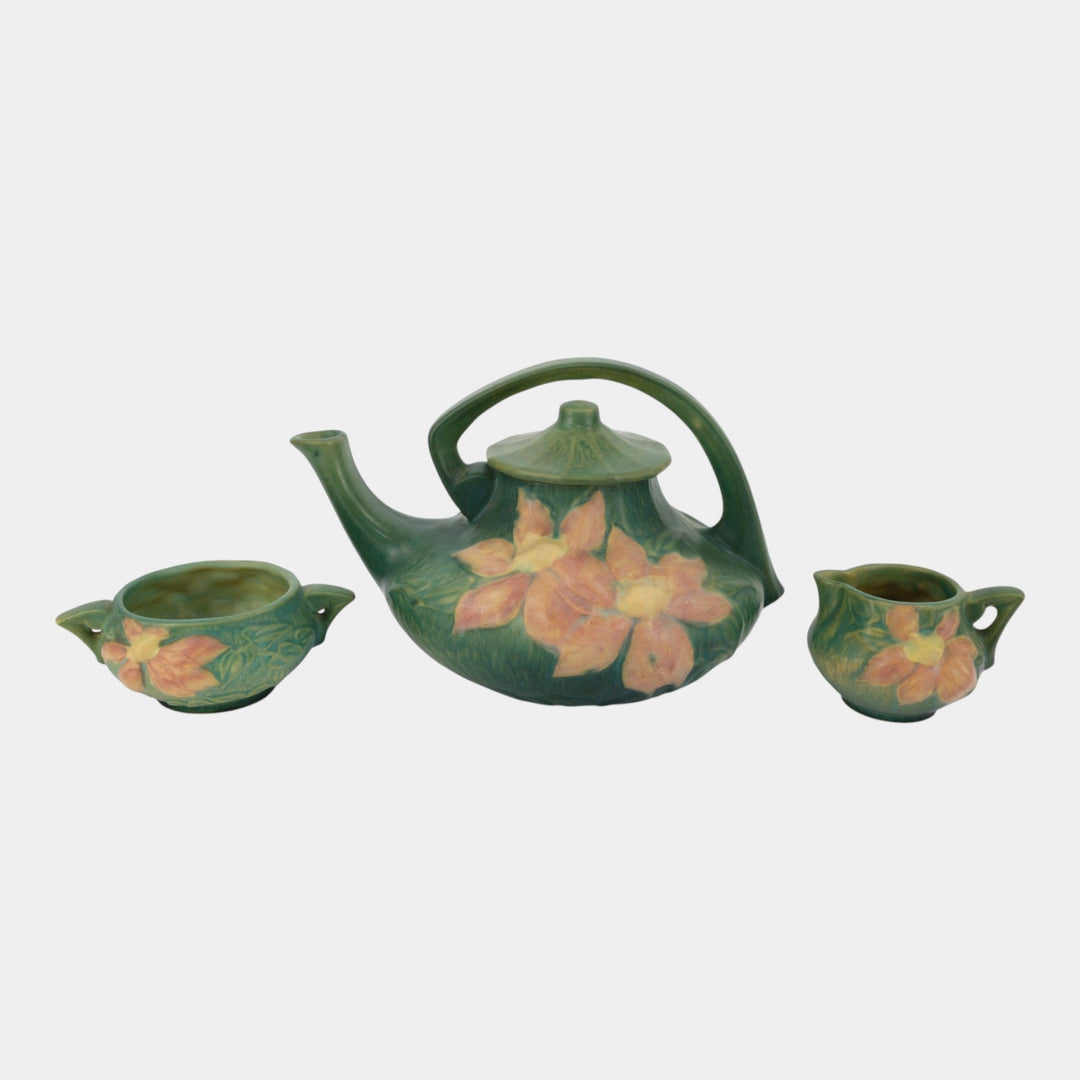 Roseville Clematis Green 1944 Mid Century Modern Teapot Creamer Sugar Bowl Set 5